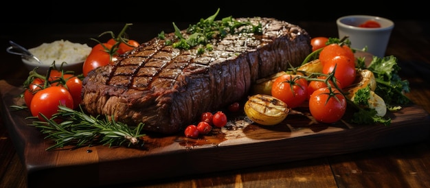 Grilled beef steak with vegetables on wooden cutting board Restaurant menu