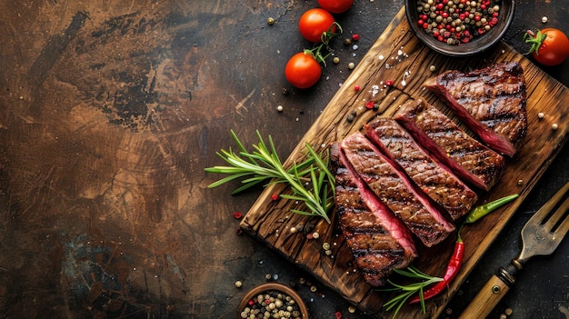 Grilled beef steak on wooden board on dark background