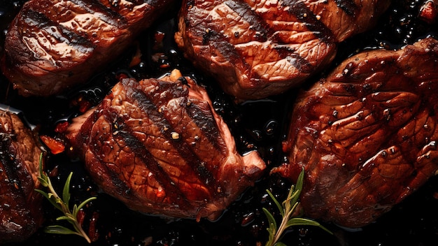 Grilled beef steaks on dark table top view