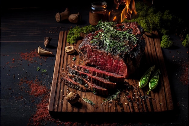 Grilled beef steaks medium rare with spices on wood plate Created with Generative AI technology