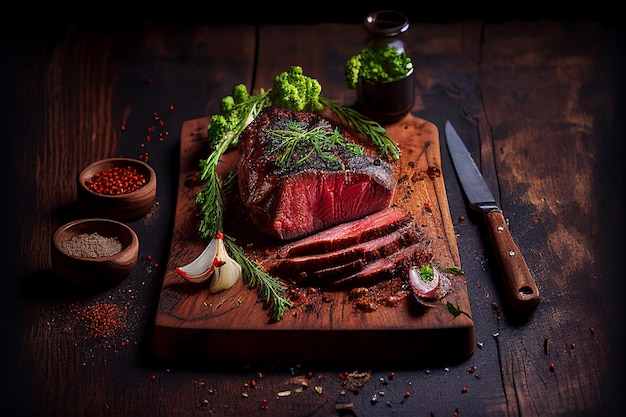 Grilled beef steaks medium rare with spices on wood plate Created with Generative AI technology