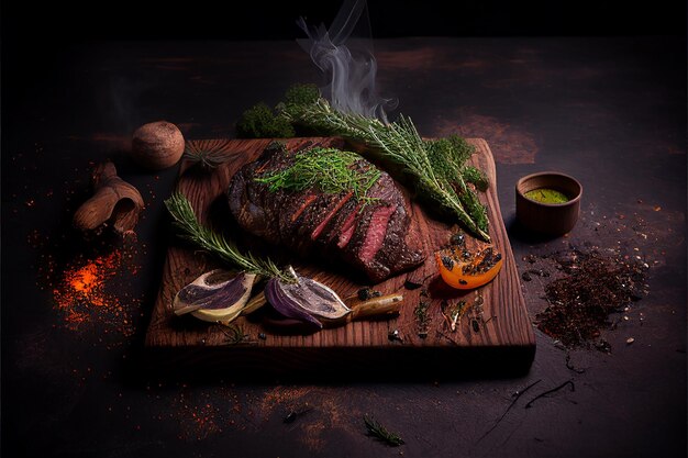 Grilled beef steaks medium rare with spices on wood plate Created with Generative AI technology