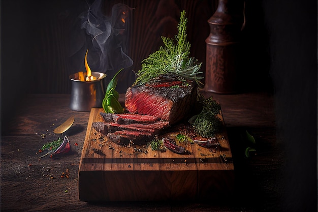 Grilled beef steaks medium rare with spices on wood plate Created with Generative AI technology