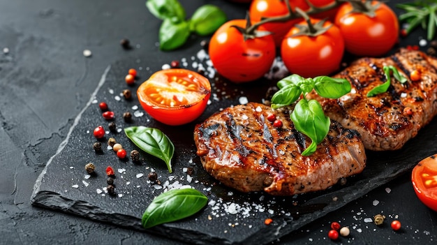 Grilled beef steaks with tomatoes and basil on a black background