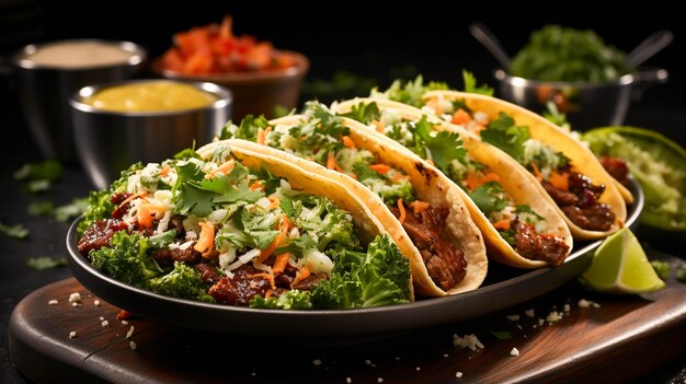 Grilled beef taco with fresh guacamole and cilantro on white plate