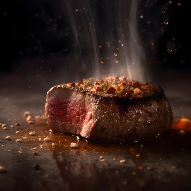 Grilled beefsteak with smoke and spices on a black background