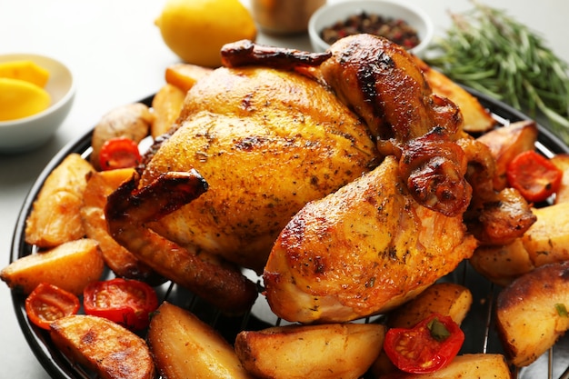 Grilled beer can chicken with vegetables, closeup