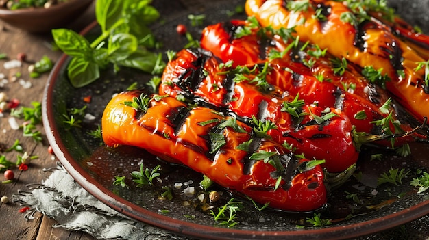 Grilled bell peppers with fresh herbs on rustic plate