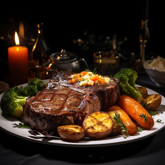 Grilled black beef steak on bone served with salt pepper and rosemary on round slate cutting board