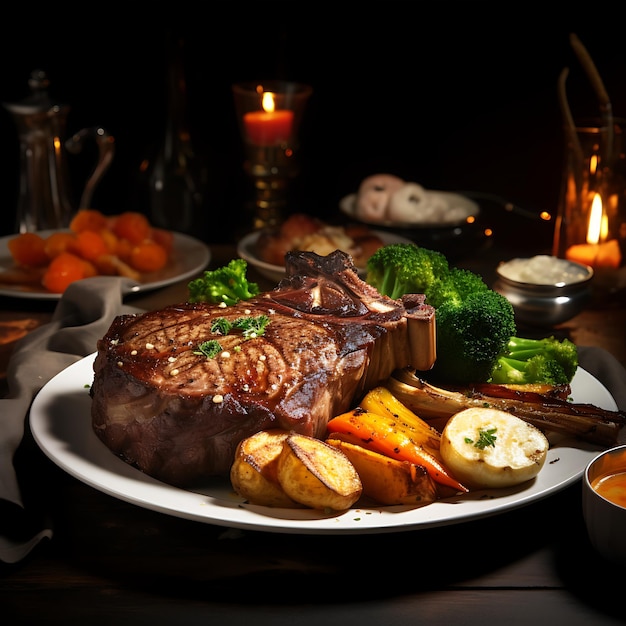 Grilled black beef steak on bone served with salt pepper and rosemary on round slate cutting board