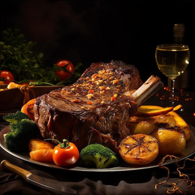 Grilled black beef steak on bone served with salt pepper and rosemary on round slate cutting board