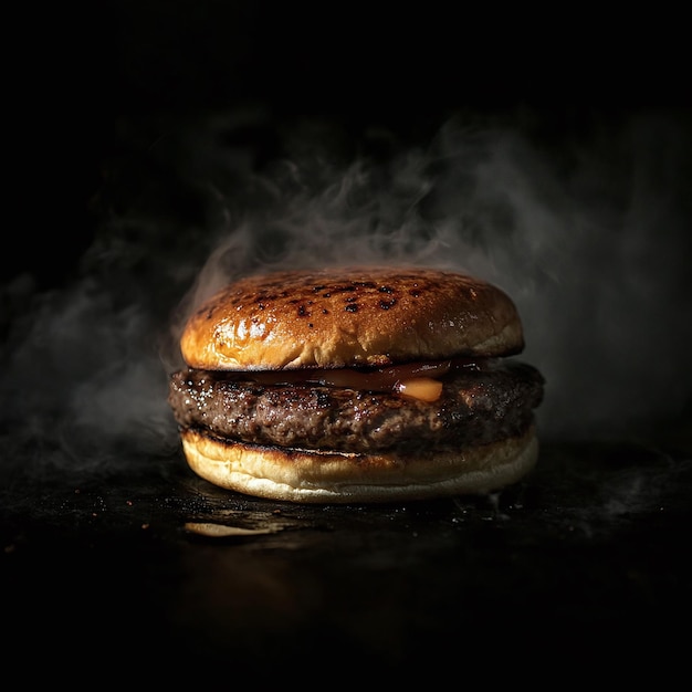 Photo grilled burger with steam on a dark background