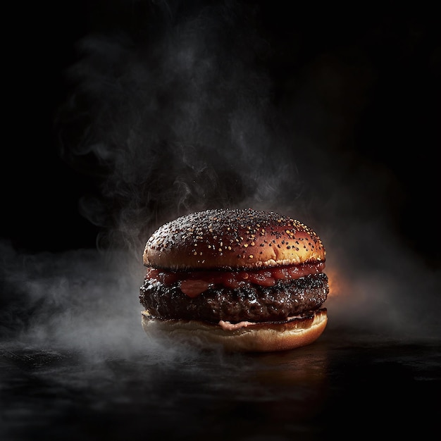 Photo grilled burger with steam on a dark background