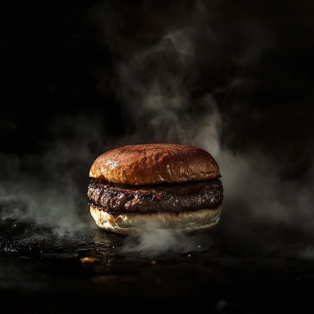 Grilled Burger with Steam on a Dark Background