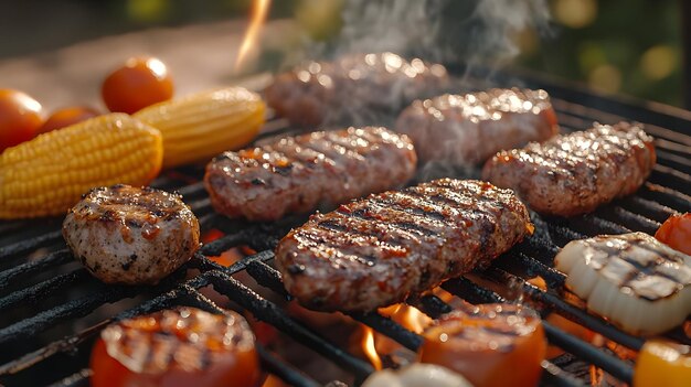 Grilled Burgers and Vegetables Photo