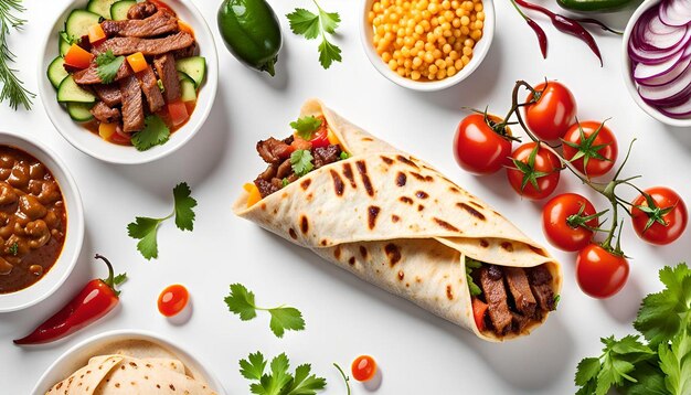 Grilled burrito with beef and vegetables isolated on white background