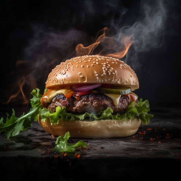 Grilled Cheese burger with bacon on black background