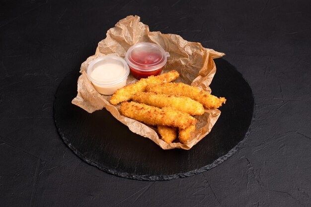 Grilled cheese cheese sticks on a black background side view