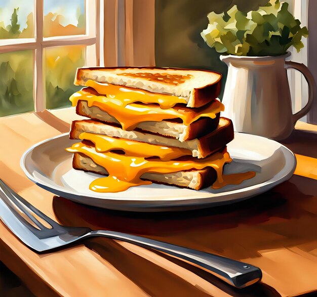 Grilled Cheese and Pot of Food on a Simple Table Setting