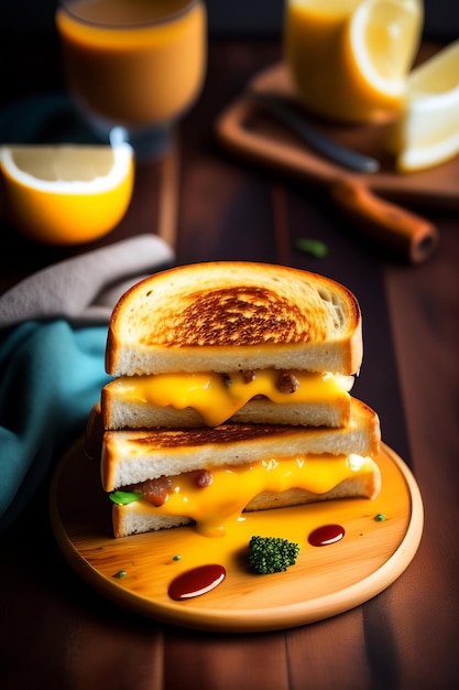 A grilled cheese sandwich with broccoli on top.