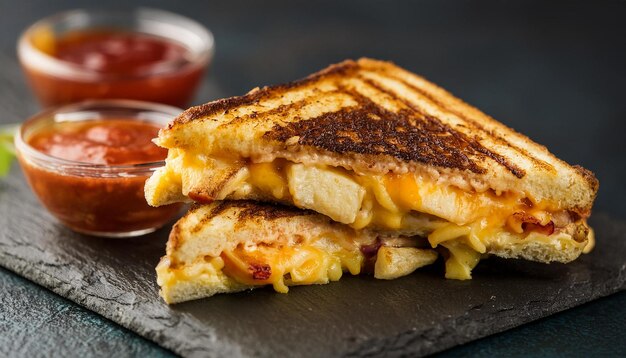 Photo grilled cheese sandwich with onions and peppers chicken and sauce on black stone board tasty snack