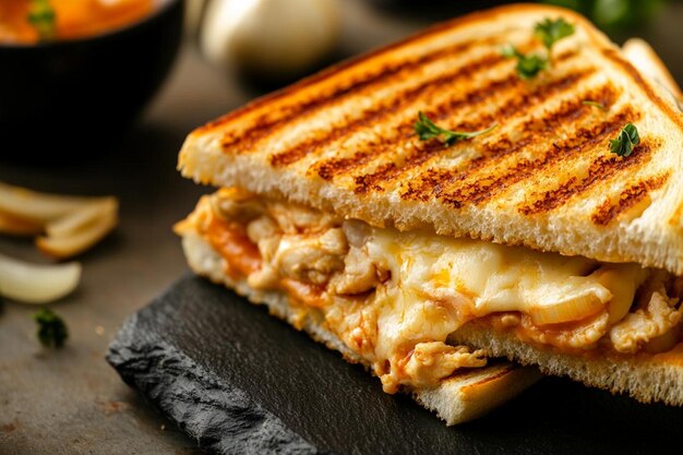 Photo grilled cheese sandwich with onions and peppers chicken and sauce on black stone board tasty snack