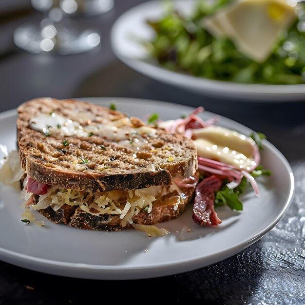 Photo grilled cheese sandwich with sauerkraut and roast beef