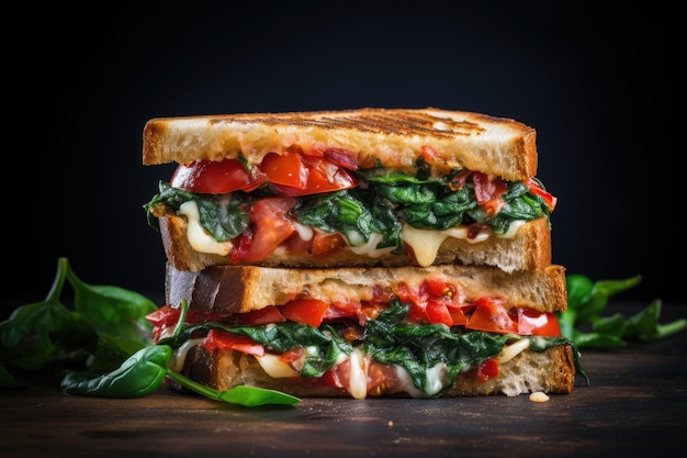 Grilled cheese sandwich with spinach and tomato on concrete