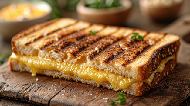 a grilled cheese sandwich on a wooden board