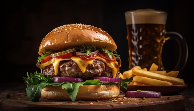 Grilled cheeseburger and fries American fast food generated by AI