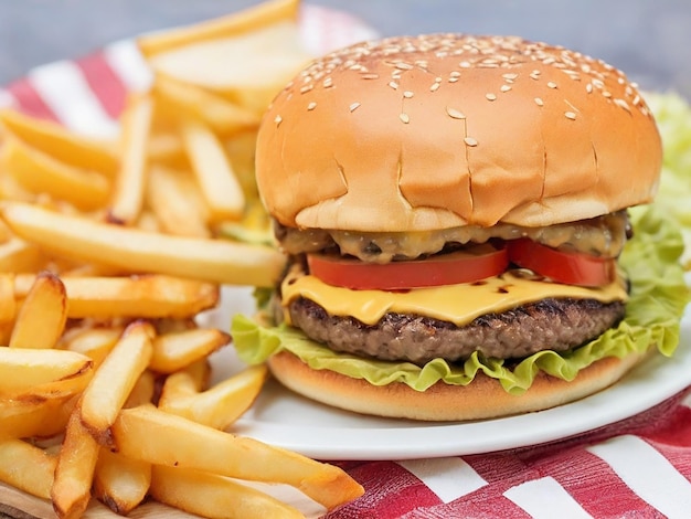 Grilled cheeseburger and fries a classic meal