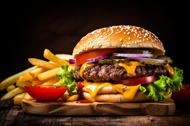 Grilled cheeseburger meal with fries onion and tomato