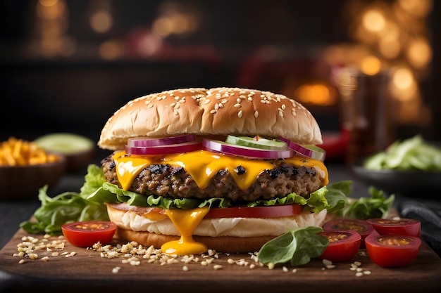 Grilled cheeseburger on sesame bun with fresh toppings