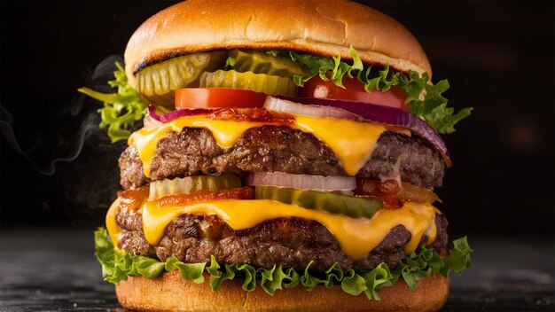 Grilled cheeseburger with tomato onion and fries