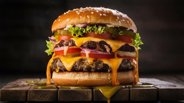 Grilled cheeseburger with tomato onion and fries