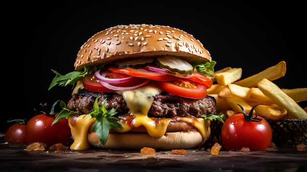 Grilled cheeseburger with tomato onion and fries