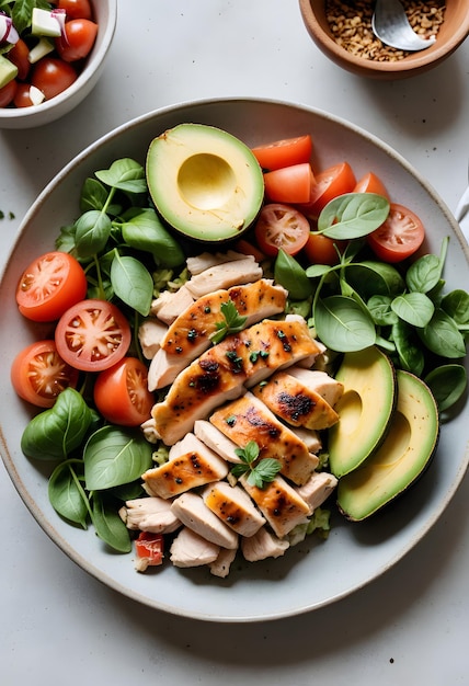 Grilled Chicken and Avocado Salad with Tomatoes and Spinach