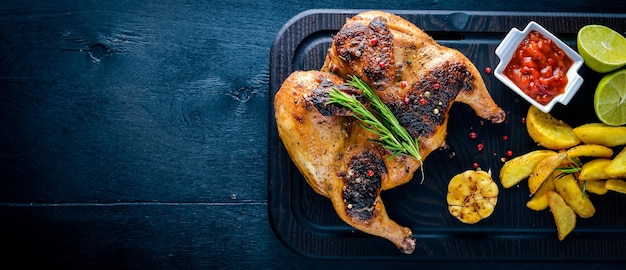 Grilled chicken baked with aromatic herbs and spices Potatoes grill On Wooden background