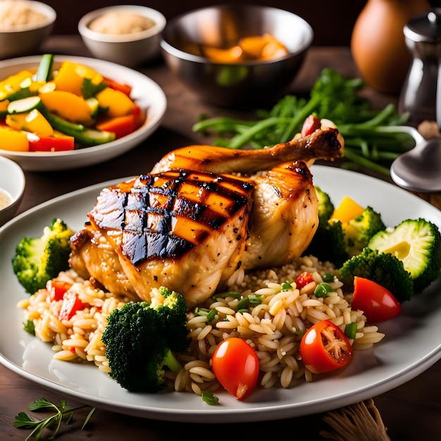 Grilled Chicken Bowl with Steamed Vegetables and Brown Rice