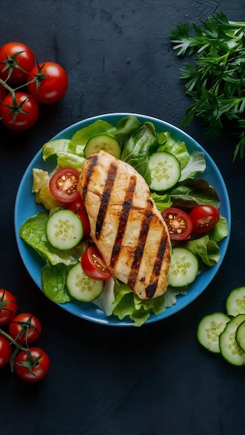 Grilled chicken breast and fresh vegetable salad tomatoes cucumbers and lettuce leaves