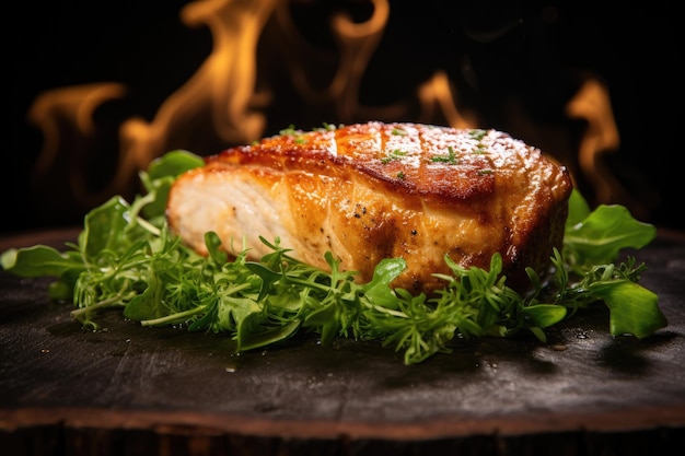 Grilled chicken breast with arugula on a black background perfectly cooked juicy chicken breast undermines the traditional image of a tender juicy cutlet AI Generated