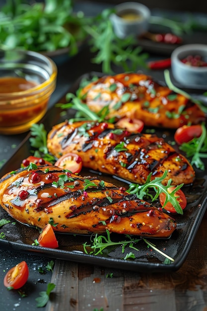 Grilled chicken breast with colorful garnish fresh herbs appetizing