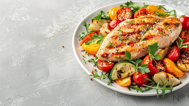 Grilled Chicken Breast with Vegetables Light Background Banner with Copy Space Raw Style Succulent grilled chicken