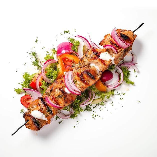 Photo a grilled chicken breast with vegetables and a stick of meat