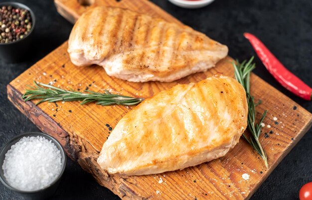 grilled chicken breasts on stone background