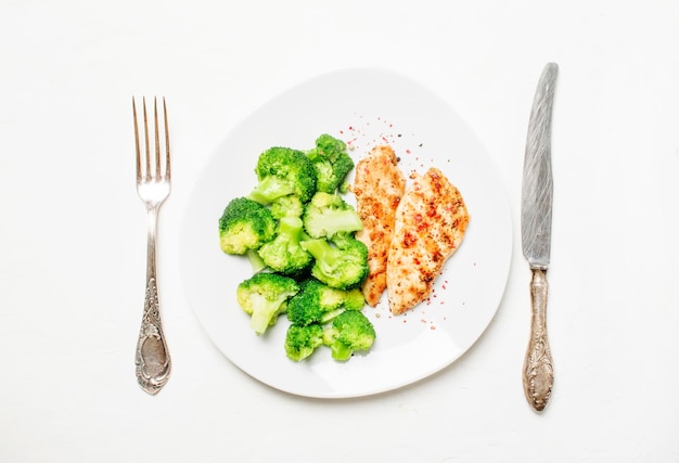 Grilled chicken and broccoli healthy lunch white background top view