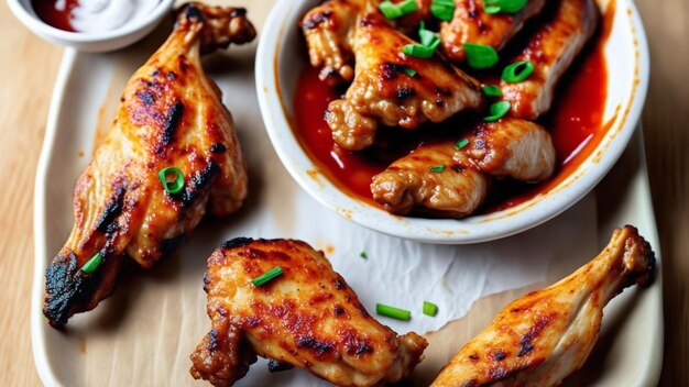 Grilled chicken drumsticks with a bowl of sauce