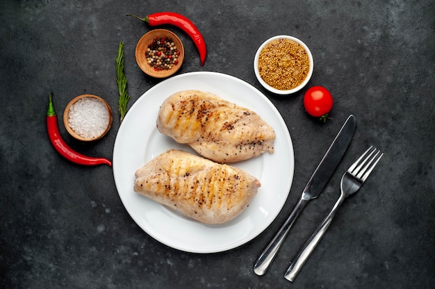 Grilled chicken fillet served in a white plate with spices on a stone background