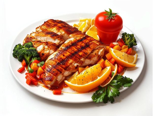 Grilled chicken fillet and vegetables on white background