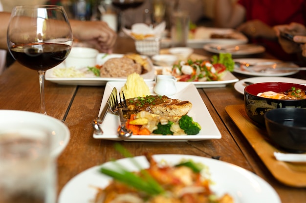 Grilled chicken fillet with mashed potato on table Variety food.